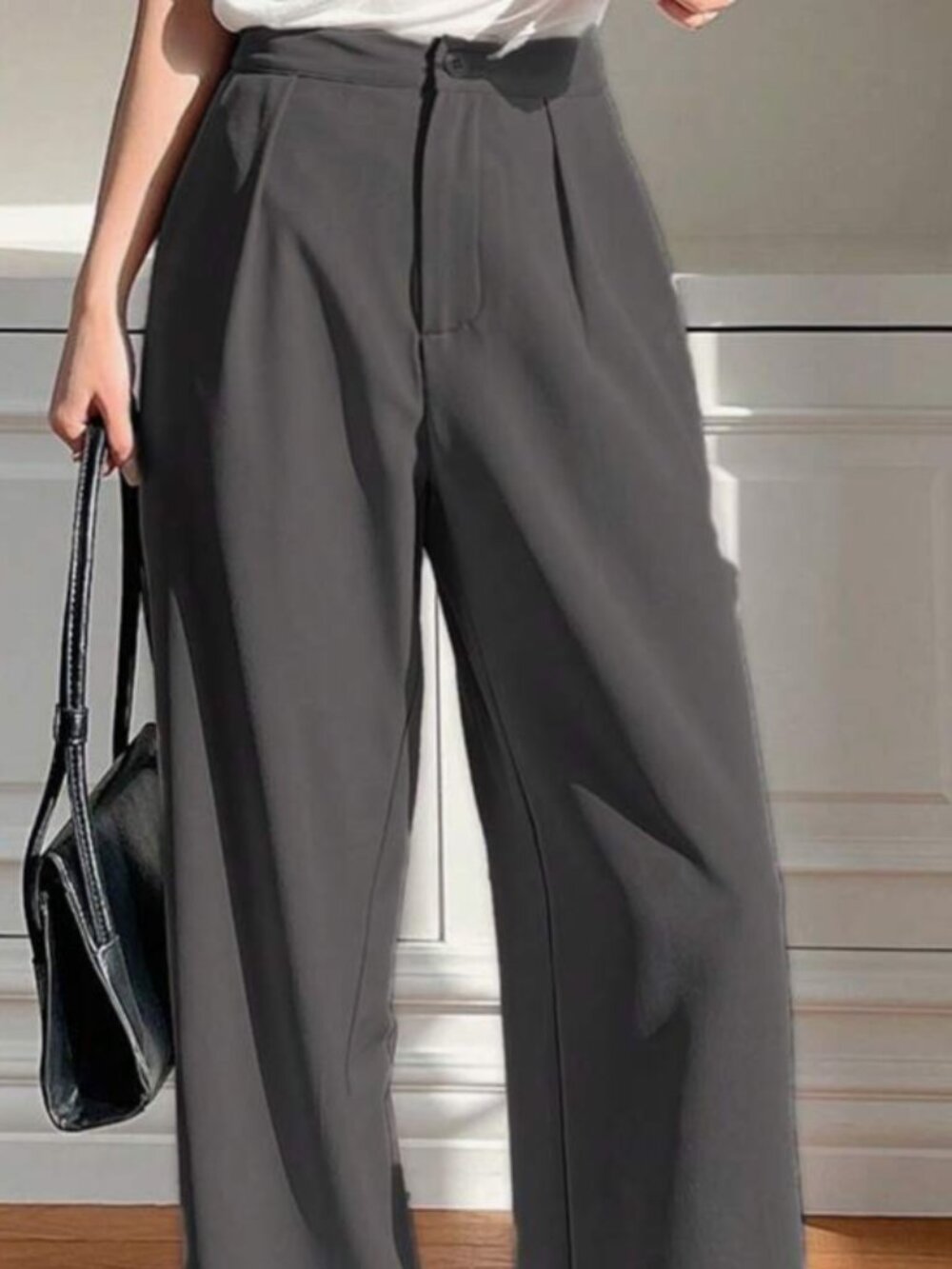Grey Pleated Wide Leg Professional Dress Pants Elastic Waist